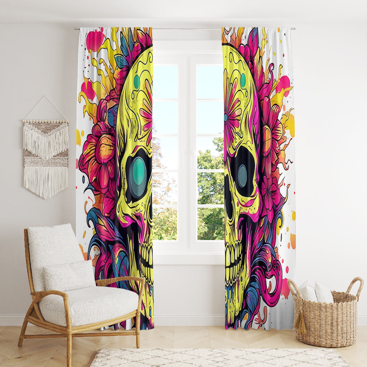 Flower Skull Window Curtain Judge Me When You're Perfect Otherwise Shut Up - Wonder Print Shop