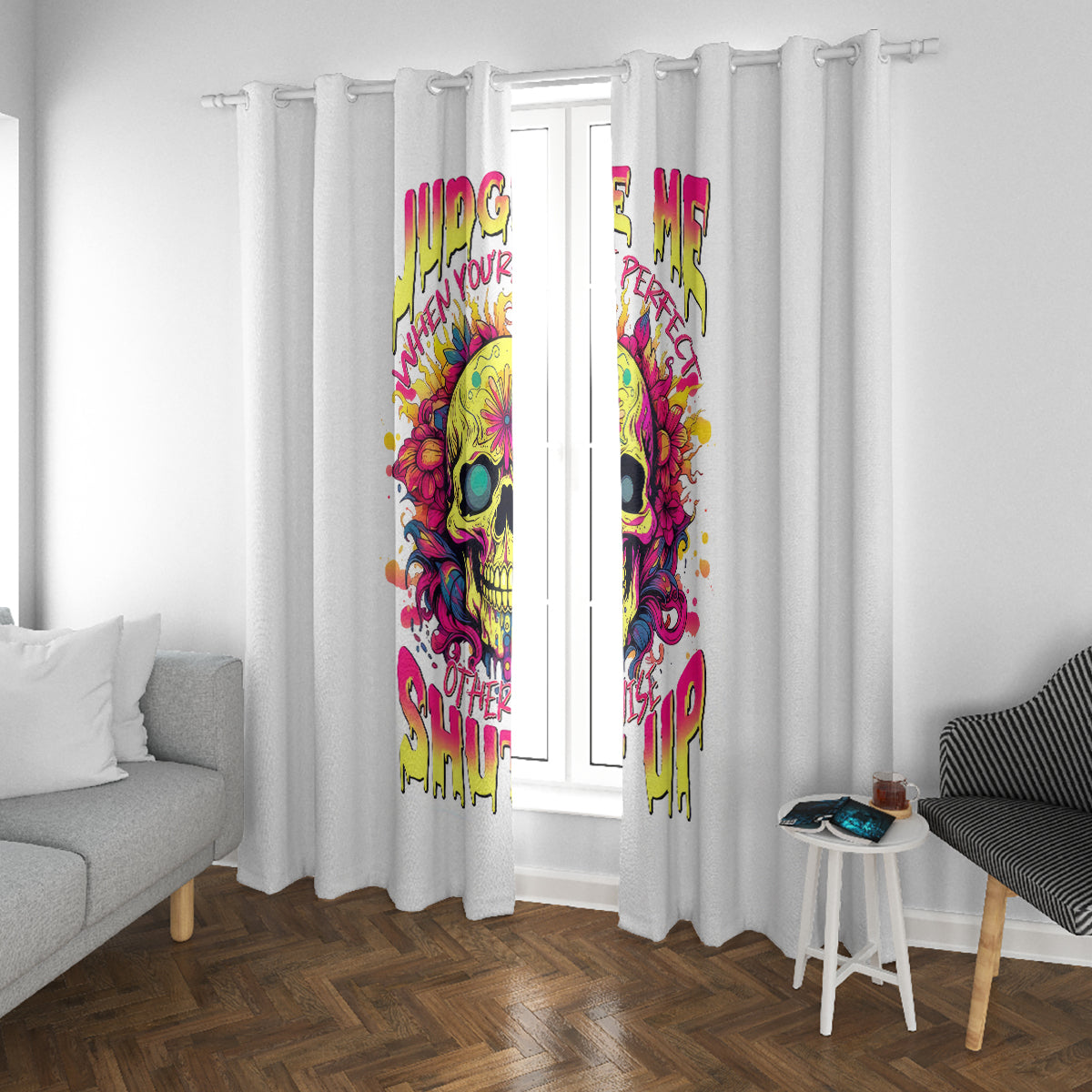 Flower Skull Window Curtain Judge Me When You're Perfect Otherwise Shut Up - Wonder Print Shop