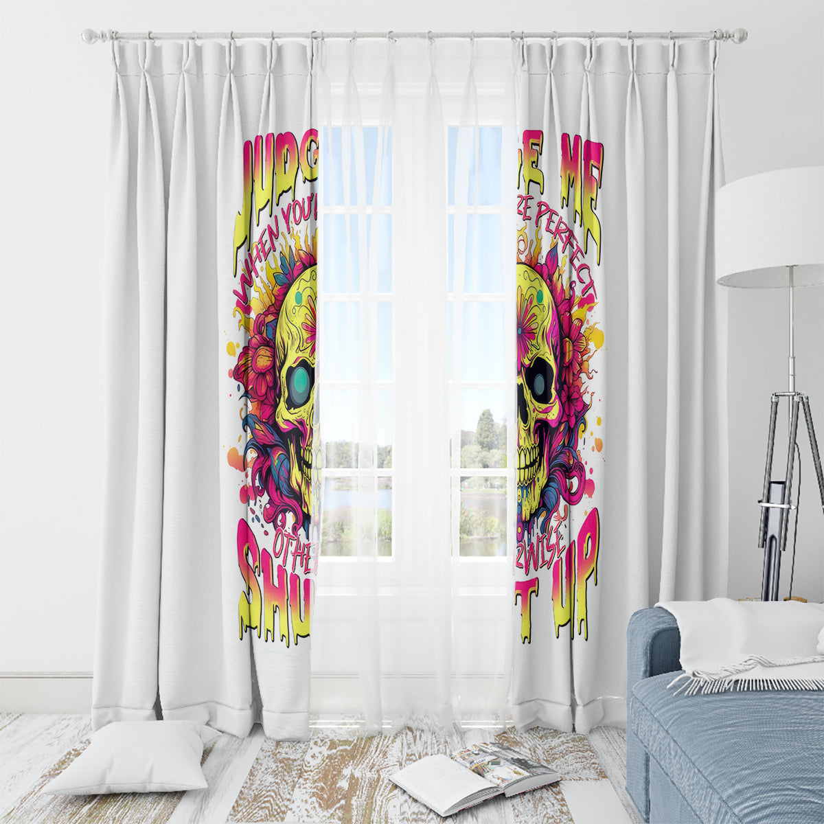 Flower Skull Window Curtain Judge Me When You're Perfect Otherwise Shut Up - Wonder Print Shop