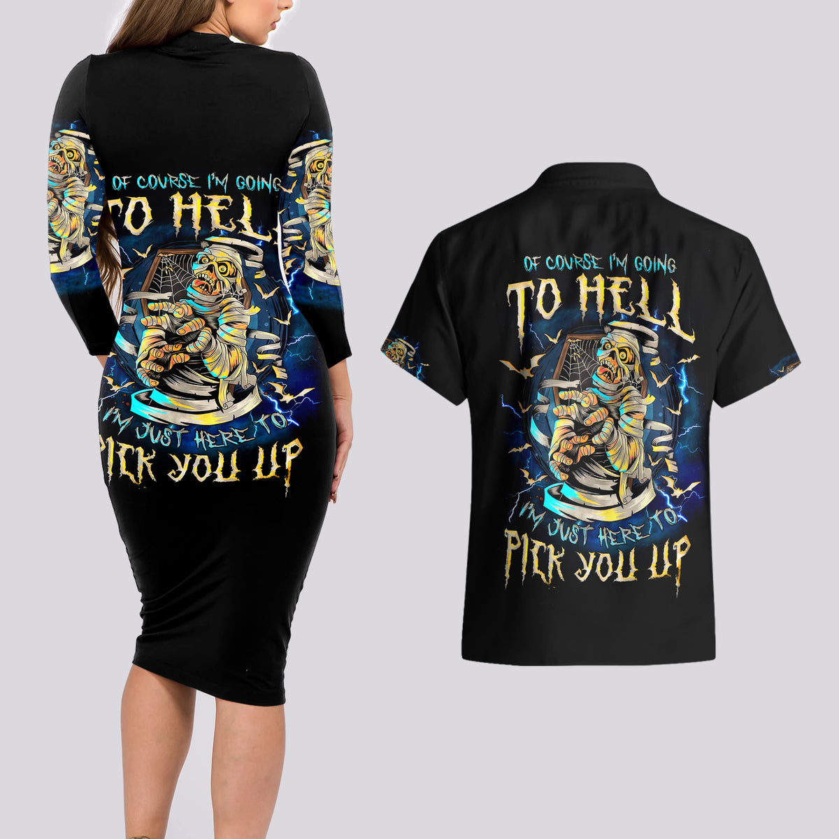 Mummy Skull Couples Matching Long Sleeve Bodycon Dress and Hawaiian Shirt I'm Going To Hell to Pick You Up - Wonder Print Shop