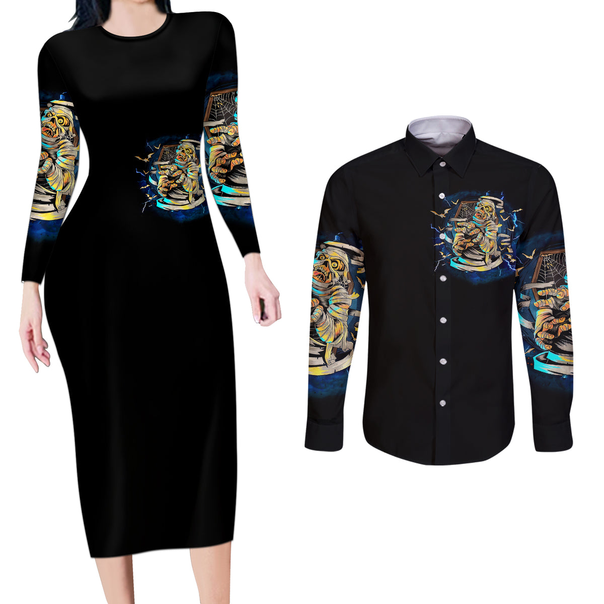 Mummy Skull Couples Matching Long Sleeve Bodycon Dress and Long Sleeve Button Shirts I'm Going To Hell to Pick You Up - Wonder Print Shop