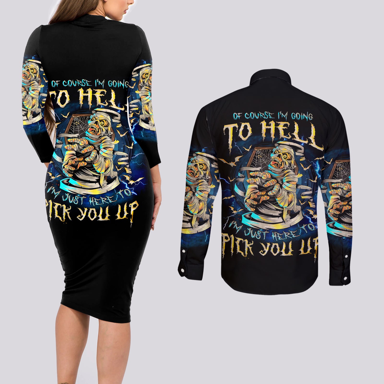Mummy Skull Couples Matching Long Sleeve Bodycon Dress and Long Sleeve Button Shirts I'm Going To Hell to Pick You Up - Wonder Print Shop