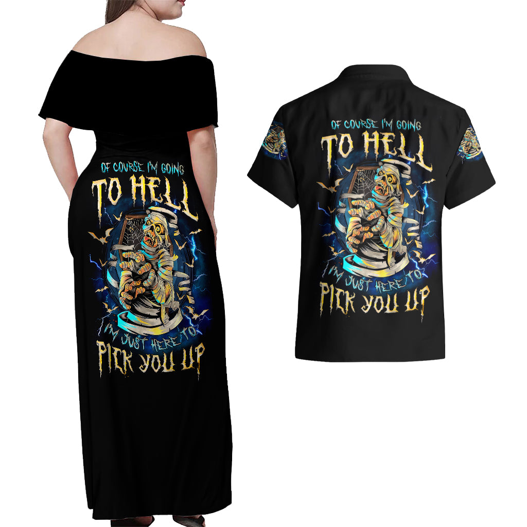 Mummy Skull Couples Matching Off Shoulder Maxi Dress and Hawaiian Shirt I'm Going To Hell to Pick You Up - Wonder Print Shop