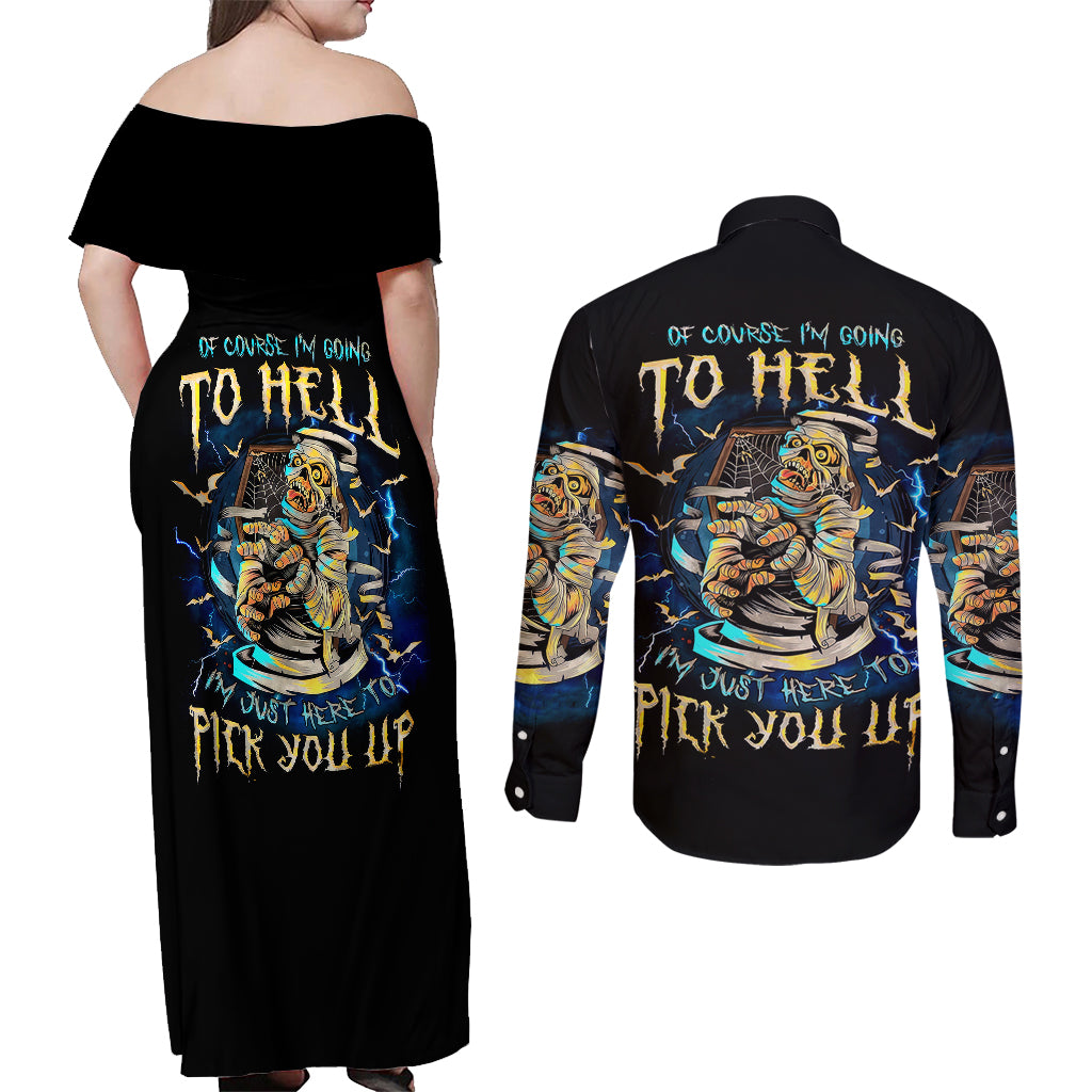 Mummy Skull Couples Matching Off Shoulder Maxi Dress and Long Sleeve Button Shirts I'm Going To Hell to Pick You Up - Wonder Print Shop
