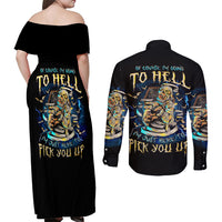 Mummy Skull Couples Matching Off Shoulder Maxi Dress and Long Sleeve Button Shirts I'm Going To Hell to Pick You Up - Wonder Print Shop