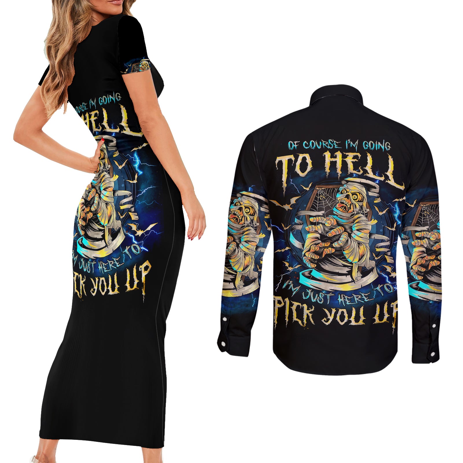 Mummy Skull Couples Matching Short Sleeve Bodycon Dress and Long Sleeve Button Shirts I'm Going To Hell to Pick You Up - Wonder Print Shop