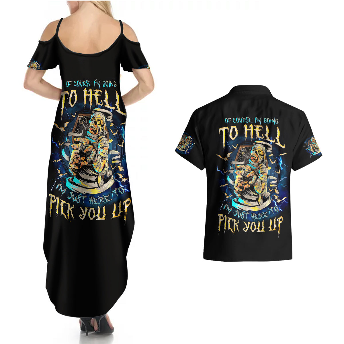 Mummy Skull Couples Matching Summer Maxi Dress and Hawaiian Shirt I'm Going To Hell to Pick You Up - Wonder Print Shop