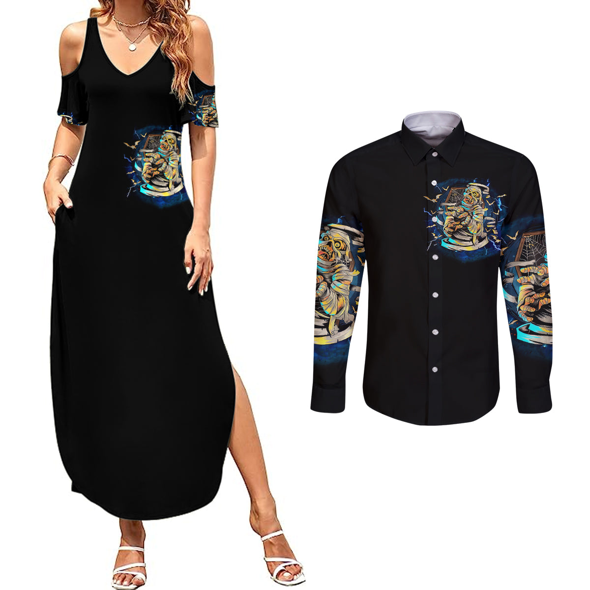 Mummy Skull Couples Matching Summer Maxi Dress and Long Sleeve Button Shirts I'm Going To Hell to Pick You Up - Wonder Print Shop