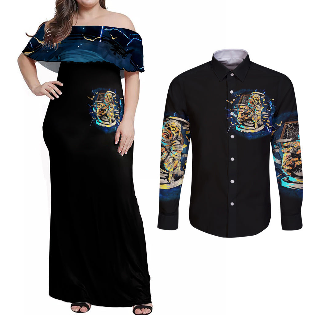 Mummy Skull Couples Matching Off Shoulder Maxi Dress and Long Sleeve Button Shirt I'm Going To Hell to Pick You Up - Wonder Print Shop