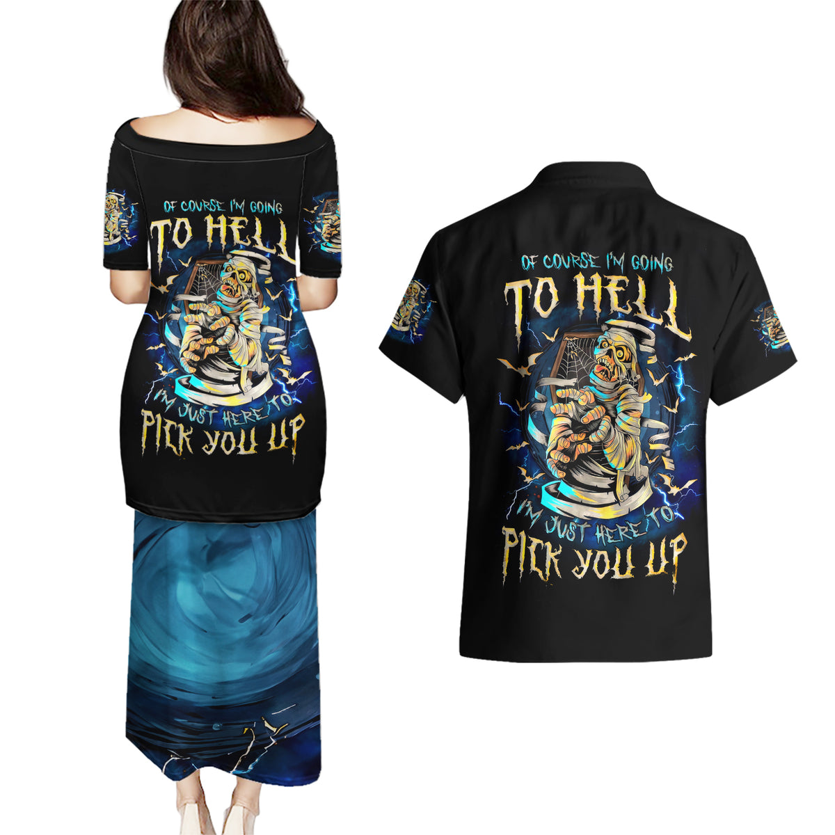 Mummy Skull Couples Matching Puletasi and Hawaiian Shirt I'm Going To Hell to Pick You Up - Wonder Print Shop