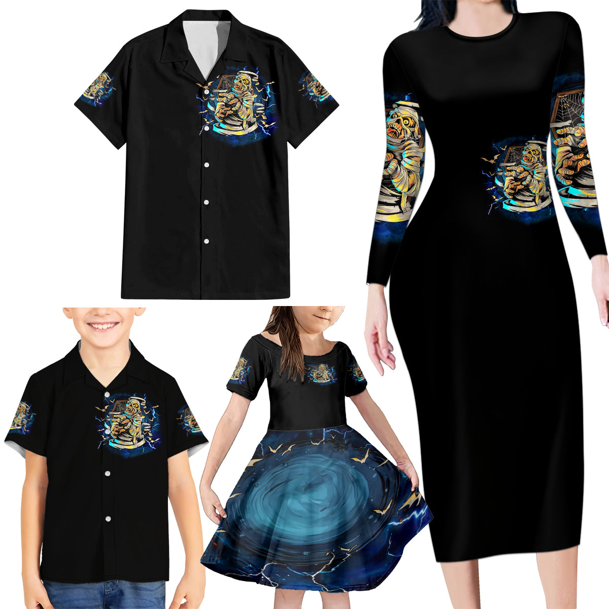 Mummy Skull Family Matching Long Sleeve Bodycon Dress and Hawaiian Shirt I'm Going To Hell to Pick You Up - Wonder Print Shop