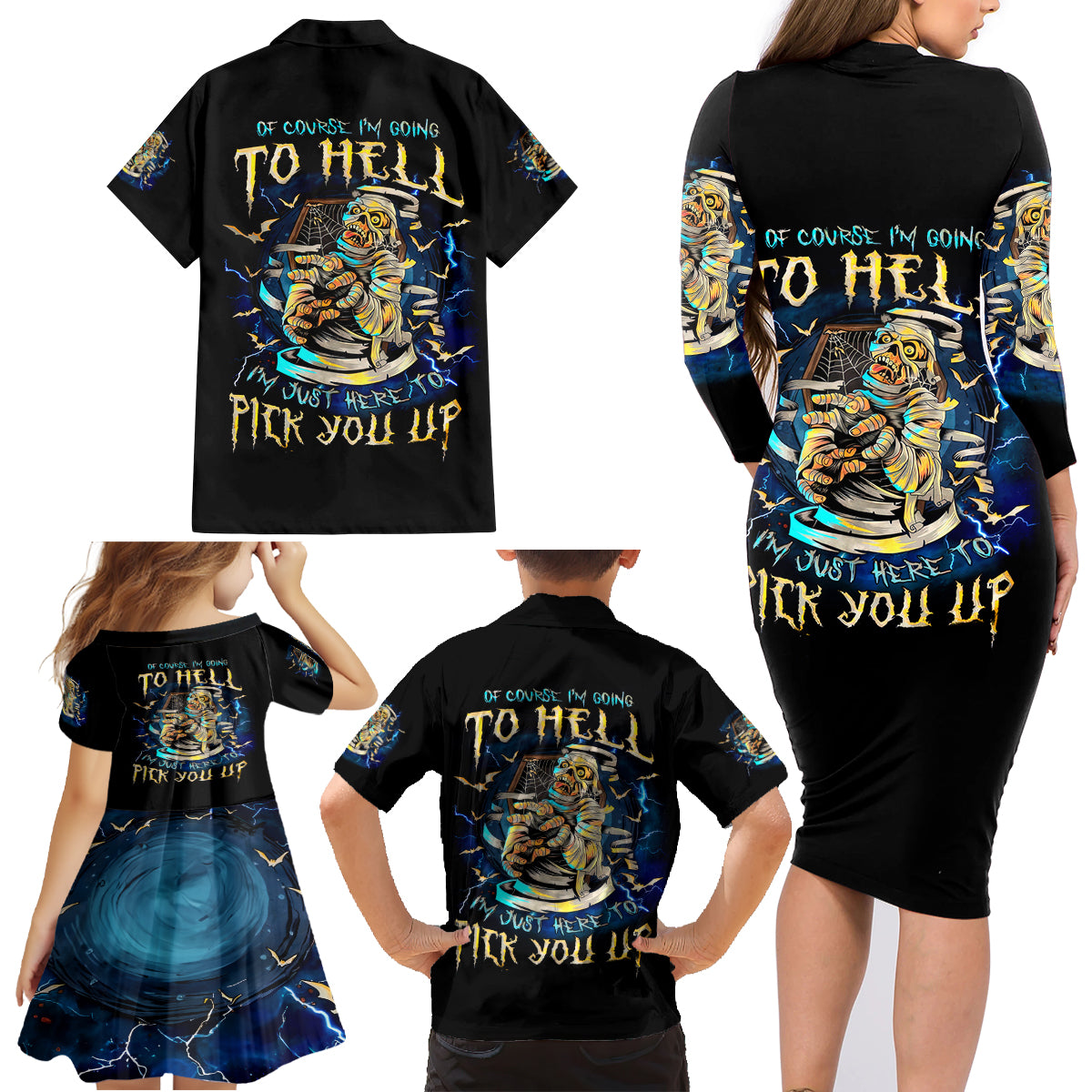 Mummy Skull Family Matching Long Sleeve Bodycon Dress and Hawaiian Shirt I'm Going To Hell to Pick You Up - Wonder Print Shop