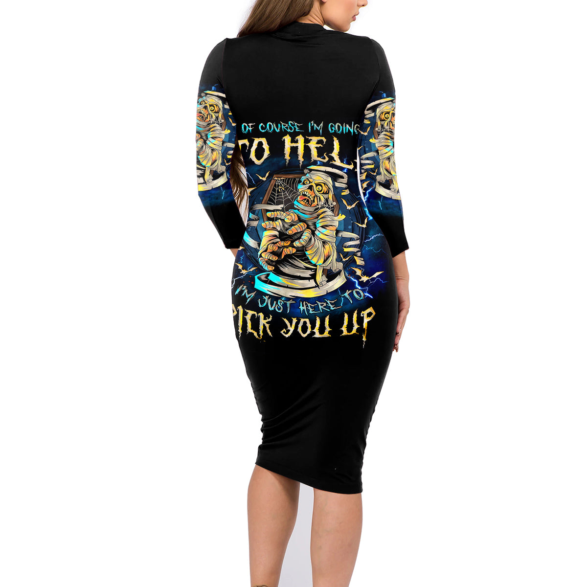 Mummy Skull Family Matching Long Sleeve Bodycon Dress and Hawaiian Shirt I'm Going To Hell to Pick You Up - Wonder Print Shop