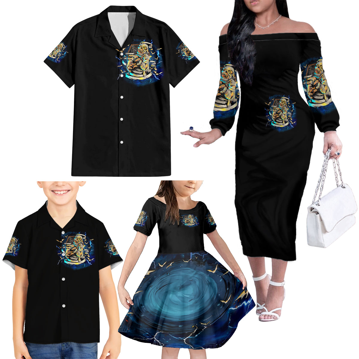 Mummy Skull Family Matching Off Shoulder Long Sleeve Dress and Hawaiian Shirt I'm Going To Hell to Pick You Up - Wonder Print Shop