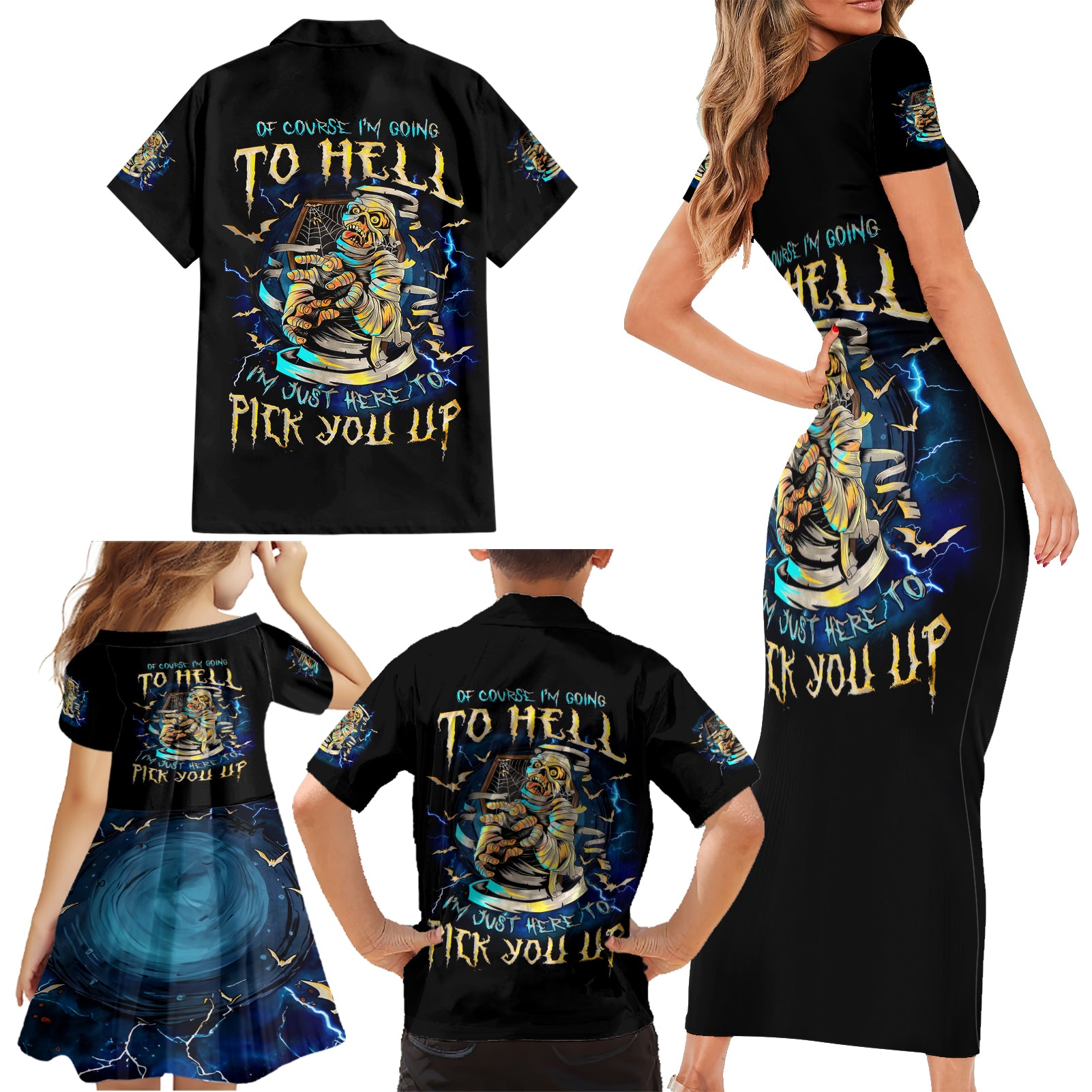 Mummy Skull Family Matching Short Sleeve Bodycon Dress and Hawaiian Shirt I'm Going To Hell to Pick You Up - Wonder Print Shop
