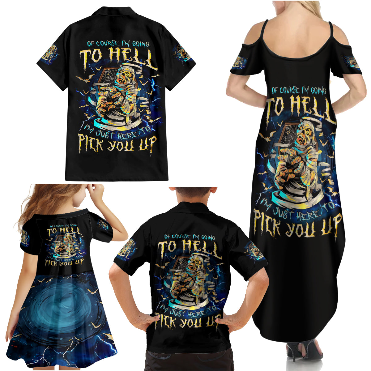Mummy Skull Family Matching Summer Maxi Dress and Hawaiian Shirt I'm Going To Hell to Pick You Up - Wonder Print Shop