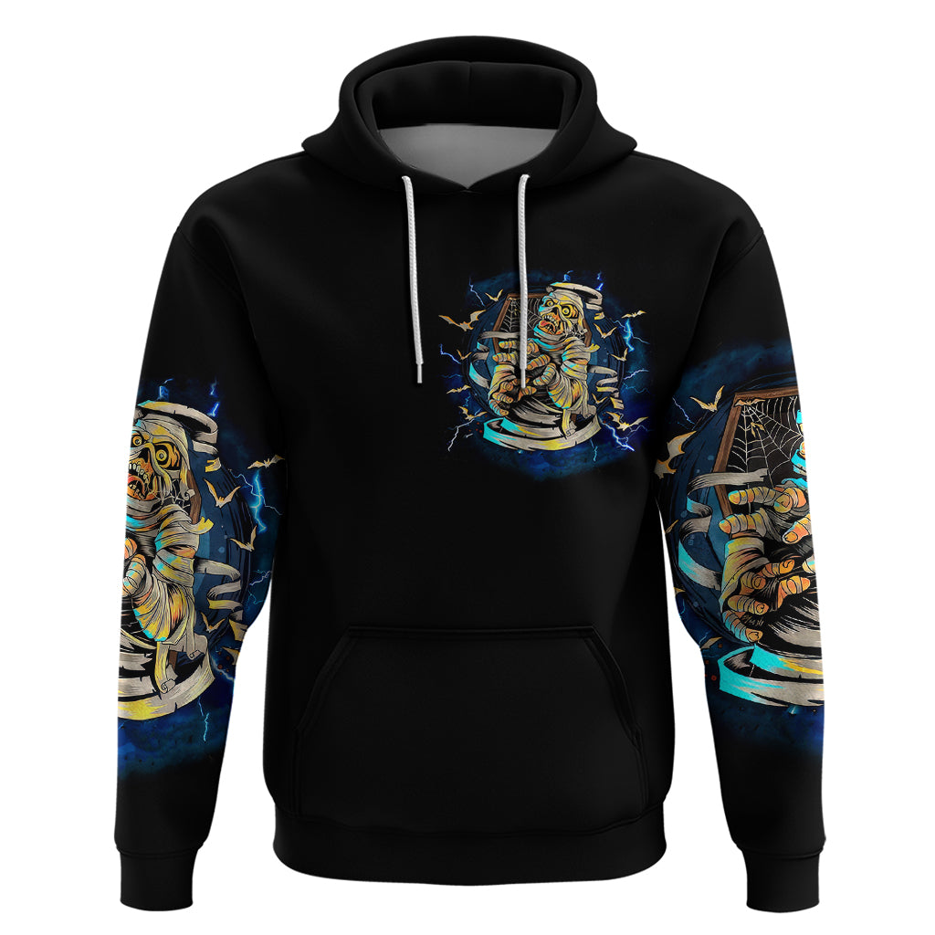 Black pullover hoodie with skull chest graphic, blue sleeve print, front pouch