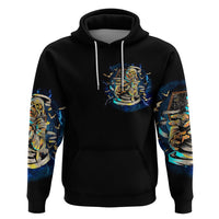 Black pullover hoodie with skull chest graphic, blue sleeve print, front pouch