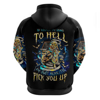 Black pullover hoodie with colorful skull/mummy graphic on back