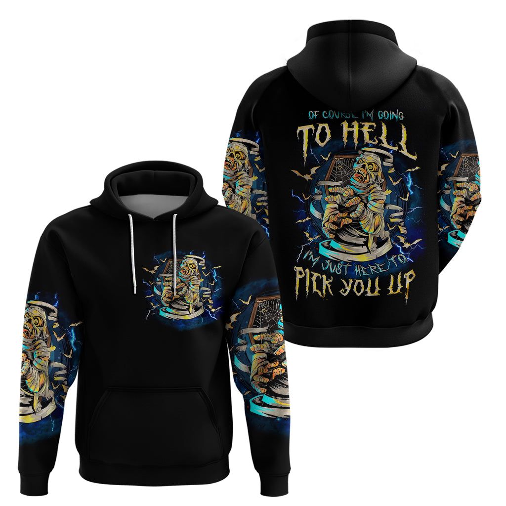 Black pullover hoodie with skull graphic, blue sleeve print, front pouch and hood