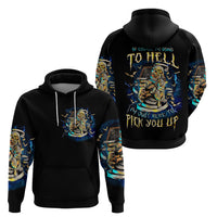 Black pullover hoodie with skull graphic, blue sleeve print, front pouch and hood