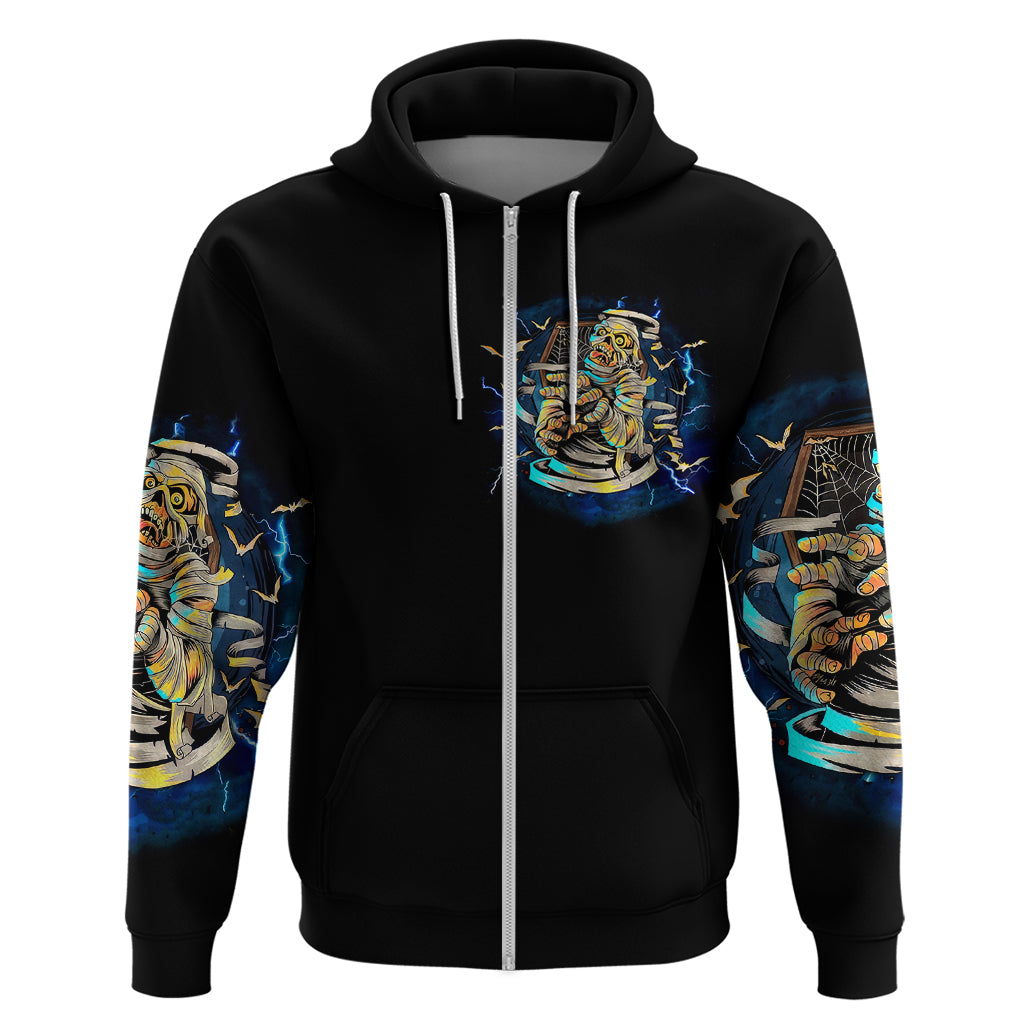 Black zip hoodie with skull graphic, blue sleeve print, front zipper and hood