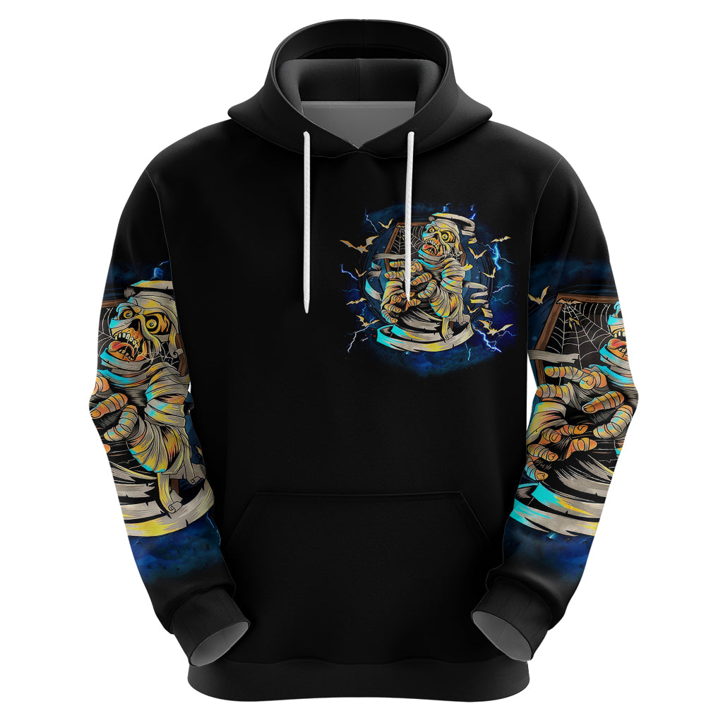 Black pullover hoodie with chest skull graphic, blue sleeve print, drawstring hood
