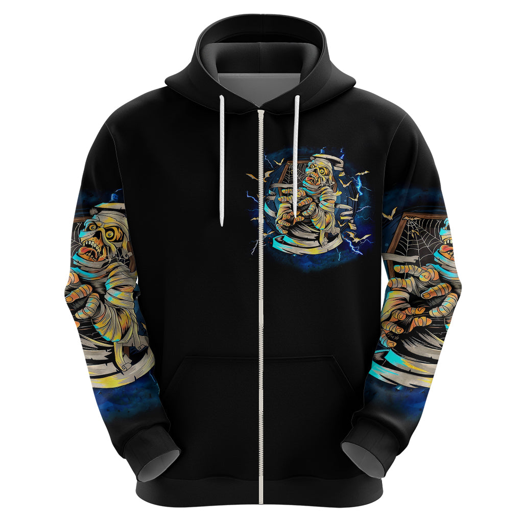 Black zip hoodie with chest skull graphic, blue sleeve print, front zipper and hood