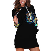 Black hoodie dress with front skeleton print, long sleeves, and drawstring hood