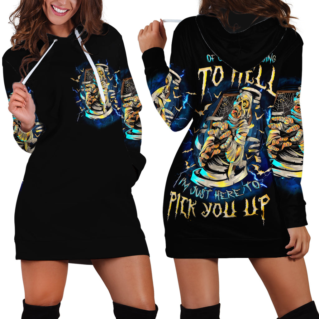 Black hoodie dress close view with skeleton skull front print and long sleeve hood