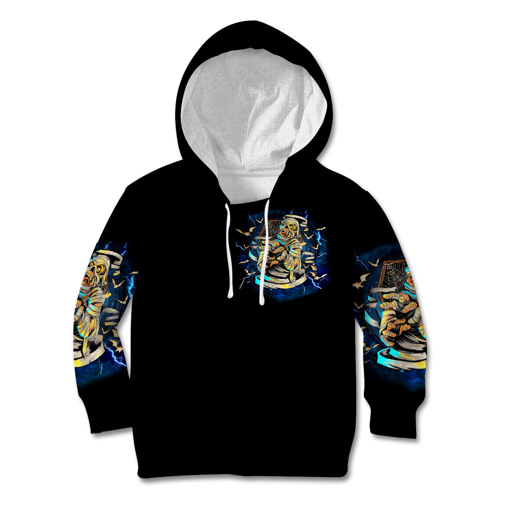 Kids black pullover hoodie with colorful mummy skull graphic and hood drawstring