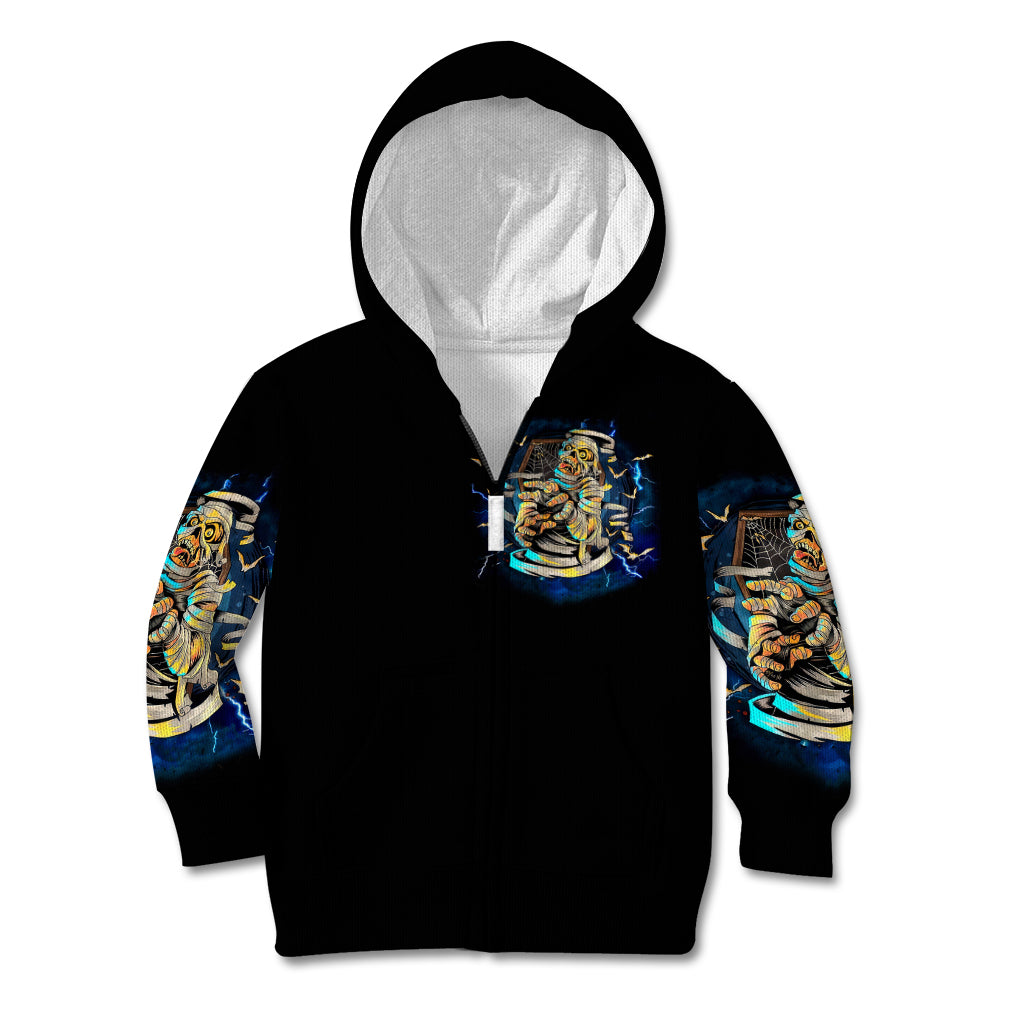 Kids black pullover hoodie with chest mummy skull graphic in blue, front hood detail