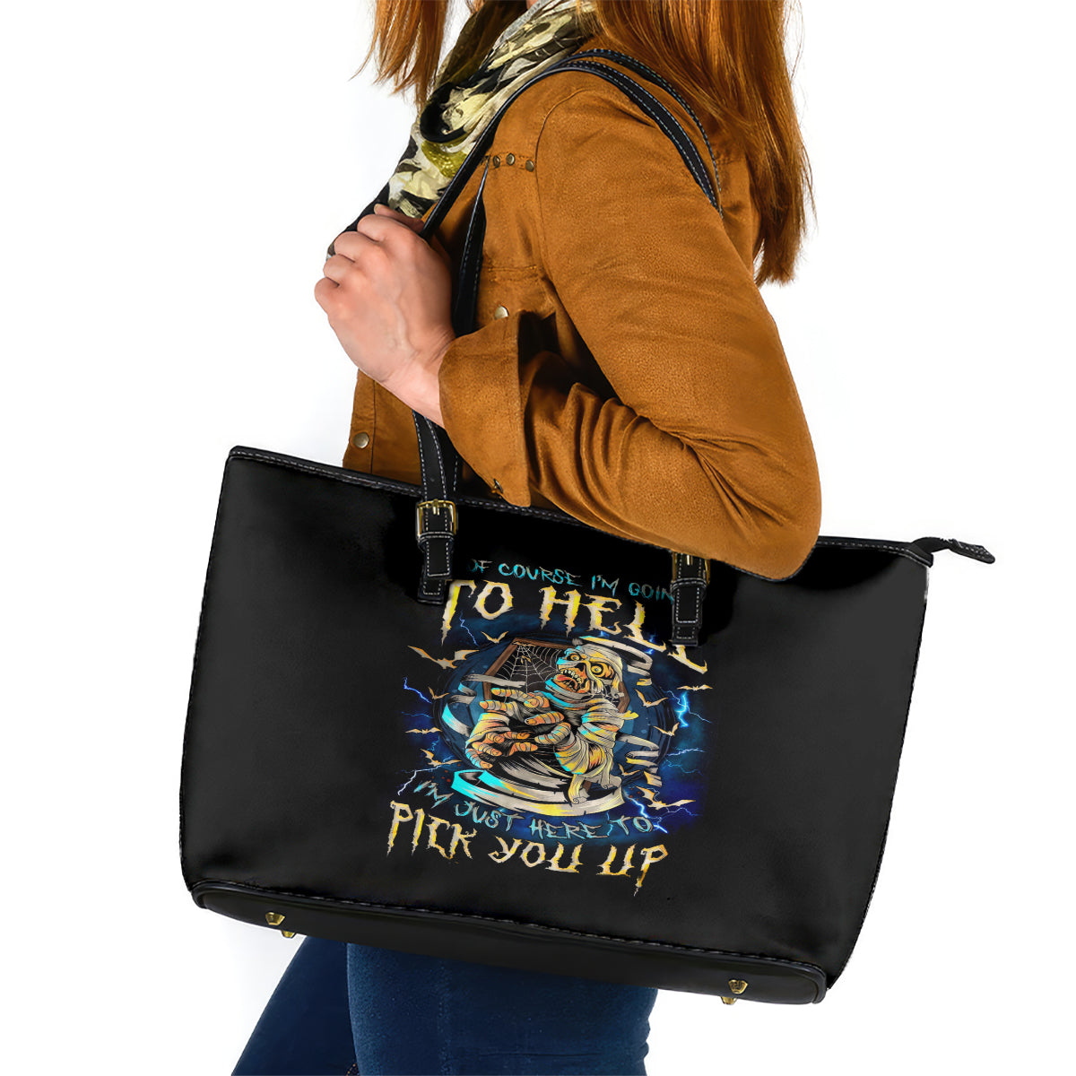 Mummy Skull Leather Tote Bag I'm Going To Hell to Pick You Up - Wonder Print Shop