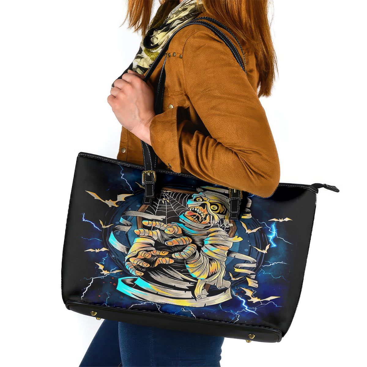 Mummy Skull Leather Tote Bag I'm Going To Hell to Pick You Up - Wonder Print Shop