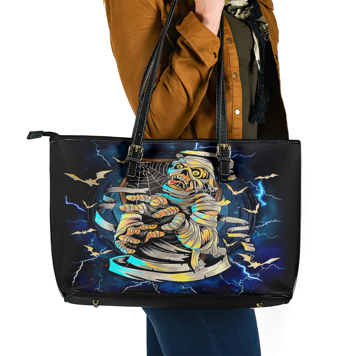 Mummy Skull Leather Tote Bag I'm Going To Hell to Pick You Up - Wonder Print Shop