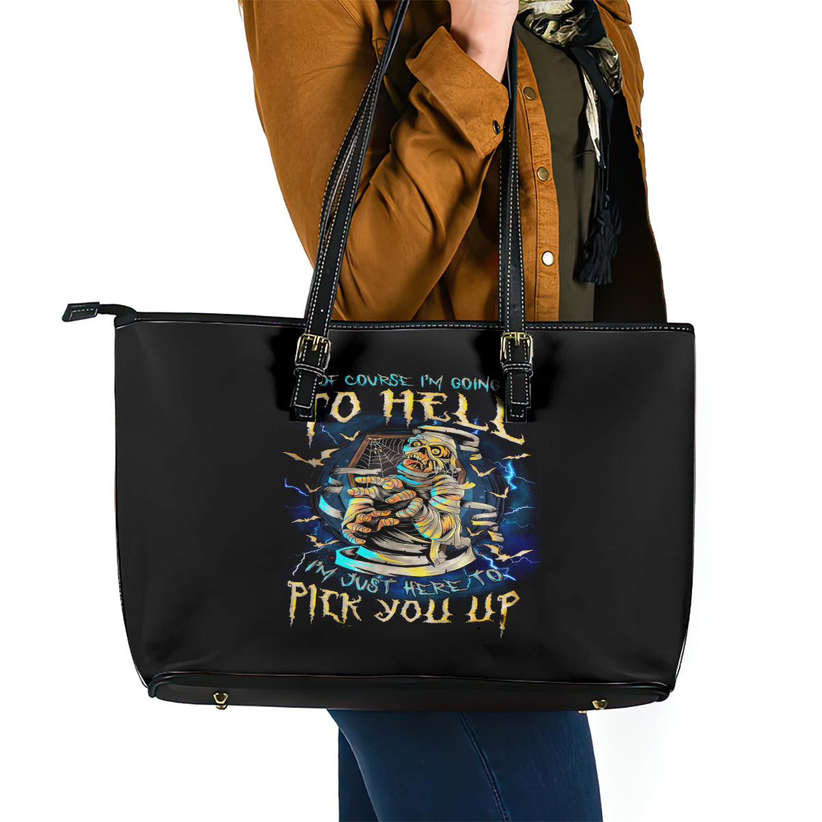 Mummy Skull Leather Tote Bag I'm Going To Hell to Pick You Up - Wonder Print Shop