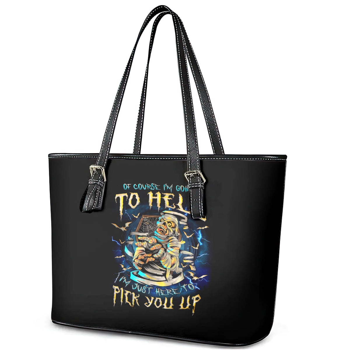 Mummy Skull Leather Tote Bag I'm Going To Hell to Pick You Up - Wonder Print Shop