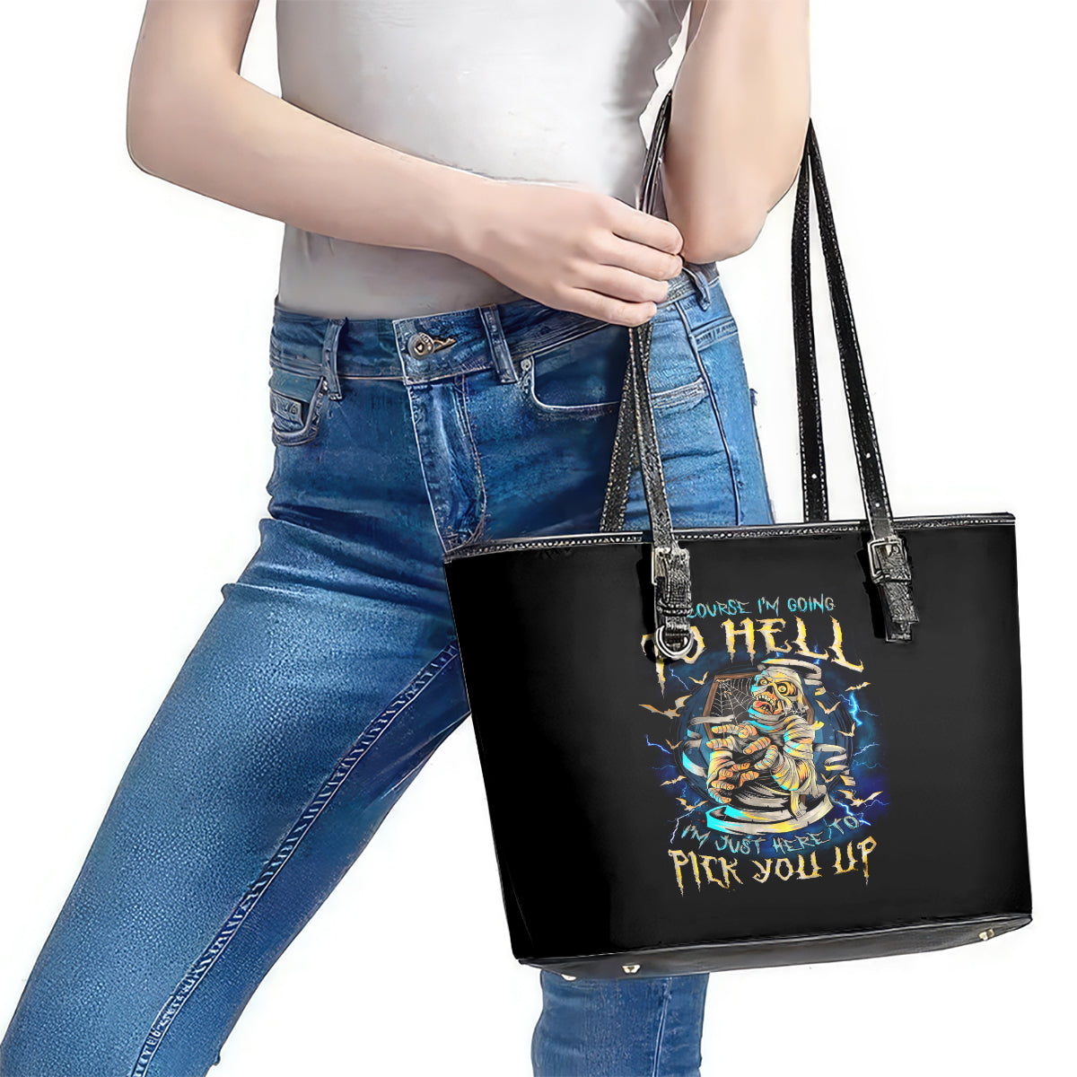 Mummy Skull Leather Tote Bag I'm Going To Hell to Pick You Up - Wonder Print Shop