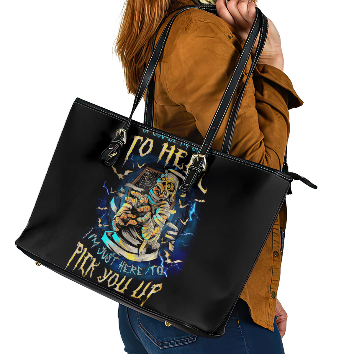 Mummy Skull Leather Tote Bag I'm Going To Hell to Pick You Up - Wonder Print Shop