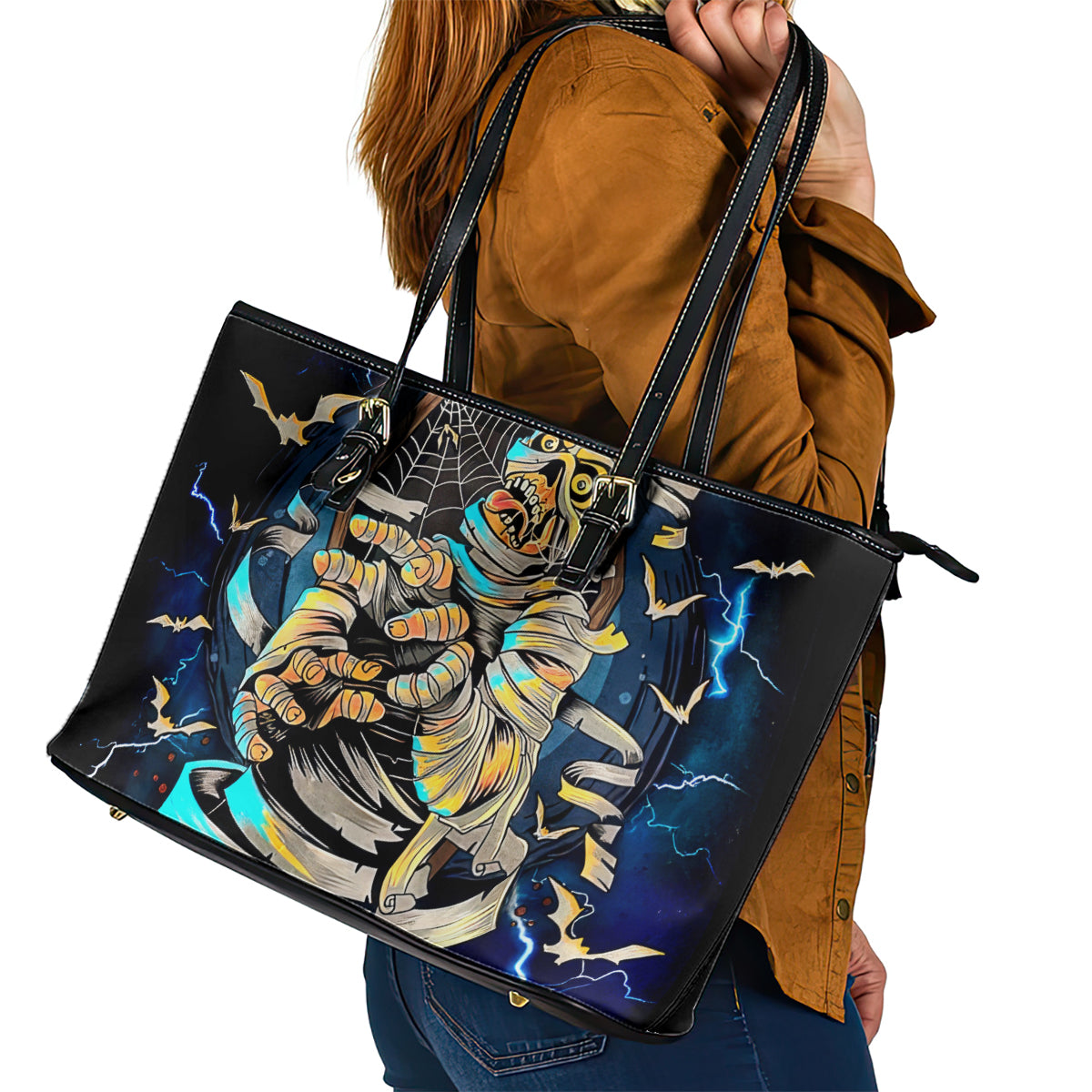 Mummy Skull Leather Tote Bag I'm Going To Hell to Pick You Up - Wonder Print Shop