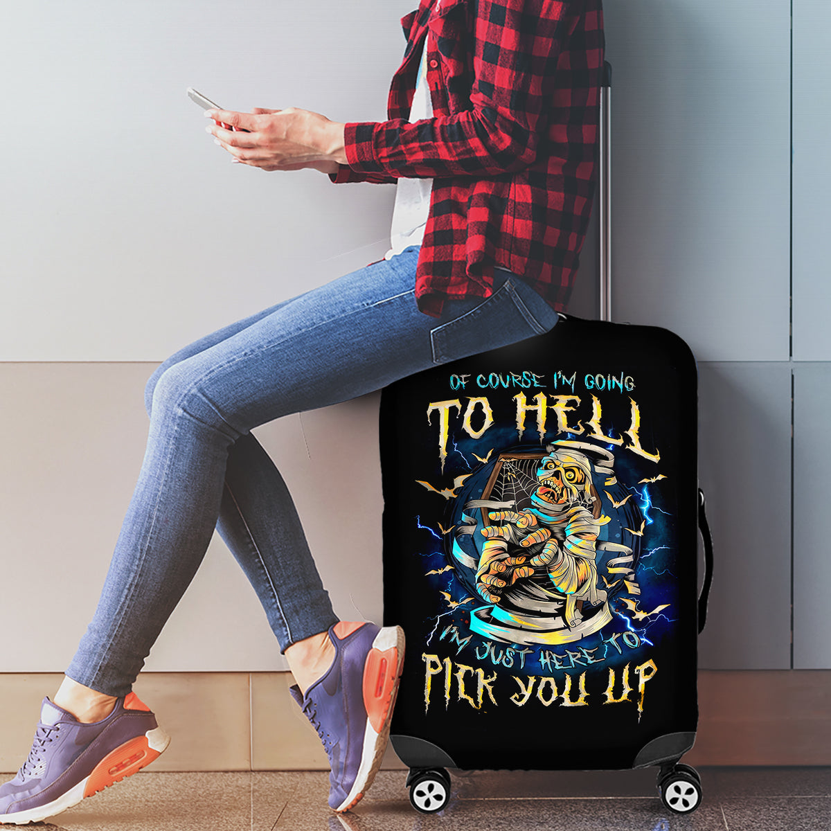 Mummy Skull Luggage Cover I'm Going To Hell to Pick You Up - Wonder Print Shop