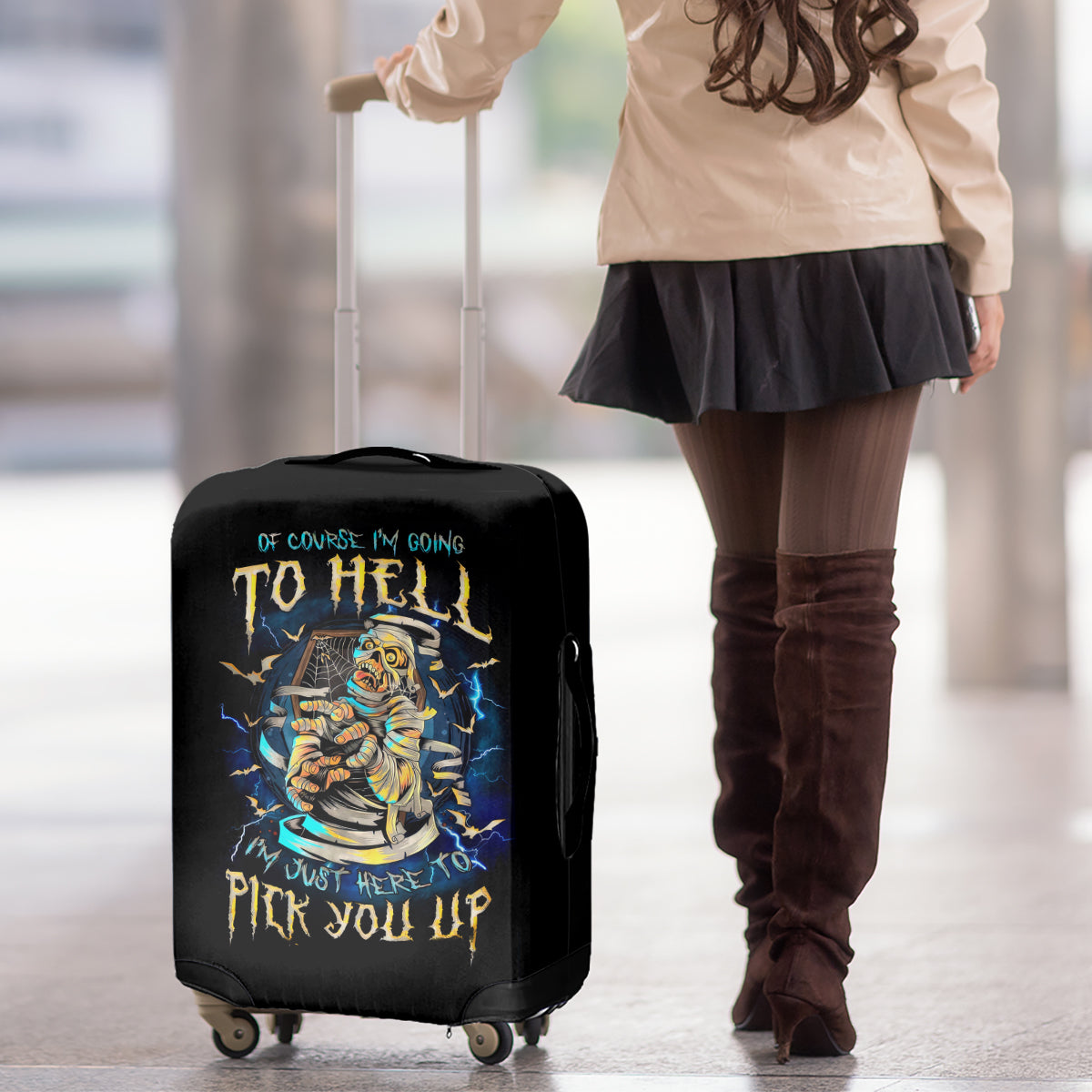 Mummy Skull Luggage Cover I'm Going To Hell to Pick You Up - Wonder Print Shop