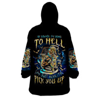 Black skull graphic wearable blanket hoodie with hood; blue and gold back print