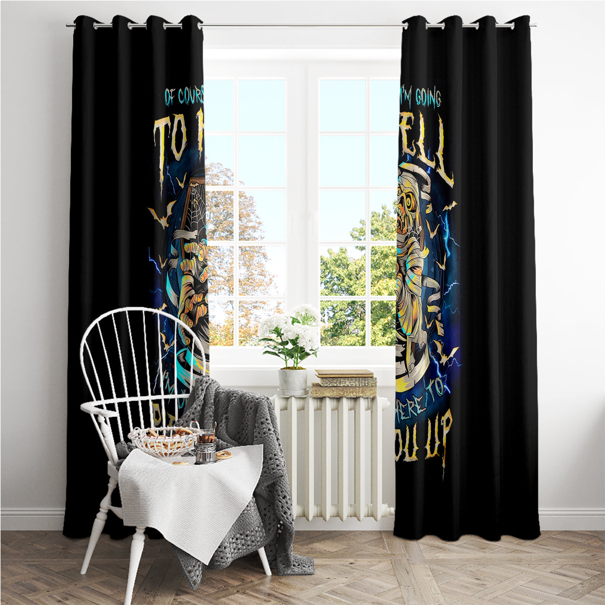 Mummy Skull Window Curtain I'm Going To Hell to Pick You Up - Wonder Print Shop
