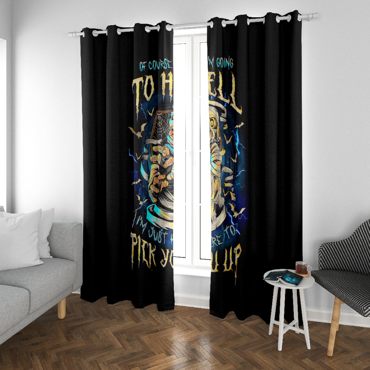 Mummy Skull Window Curtain I'm Going To Hell to Pick You Up - Wonder Print Shop