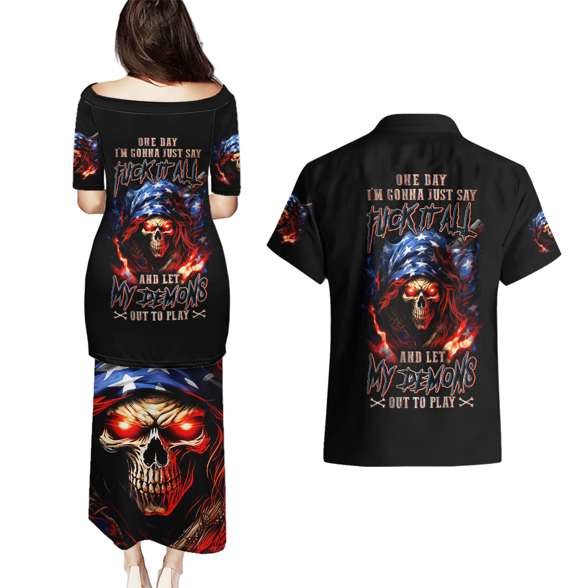 American Skull Couples Matching Puletasi and Hawaiian Shirt One Day I Gonna Fuck It All - Wonder Print Shop