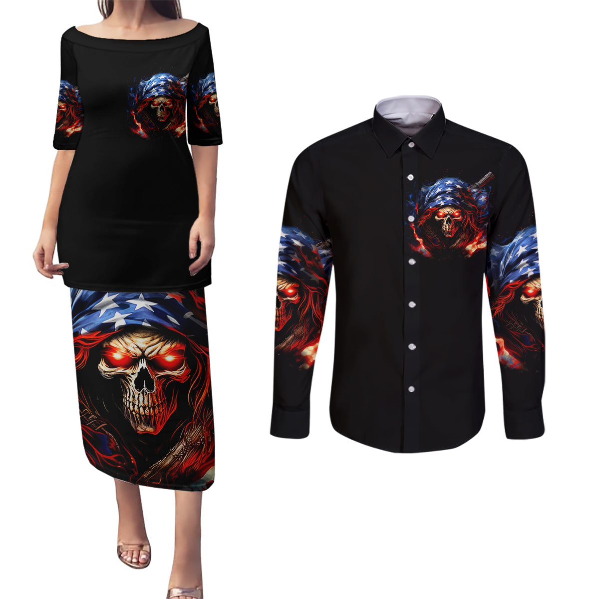 American Skull Couples Matching Puletasi and Long Sleeve Button Shirt One Day I Gonna Fuck It All - Wonder Print Shop