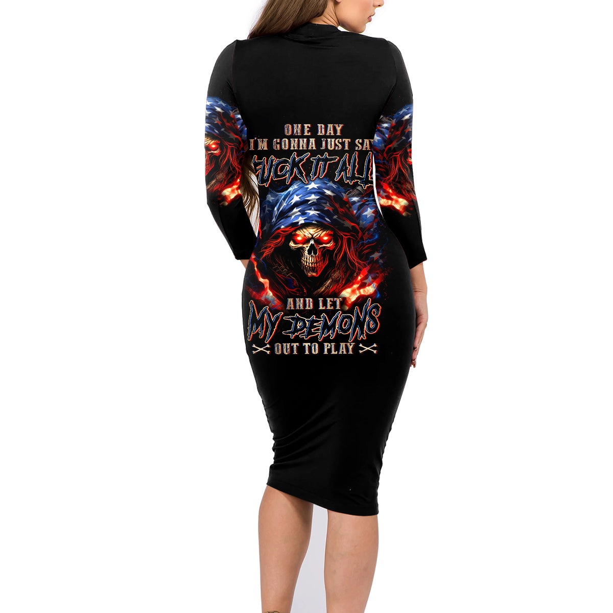 American Skull Family Matching Long Sleeve Bodycon Dress and Hawaiian Shirt One Day I Gonna Fuck It All - Wonder Print Shop