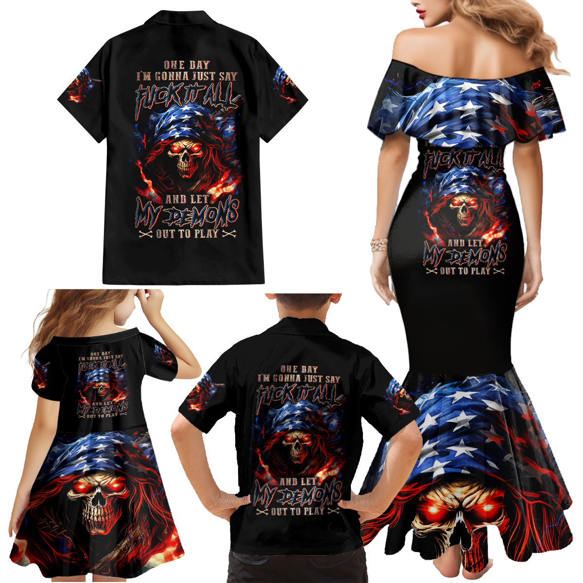 American Skull Family Matching Mermaid Dress and Hawaiian Shirt One Day I Gonna Fuck It All - Wonder Print Shop