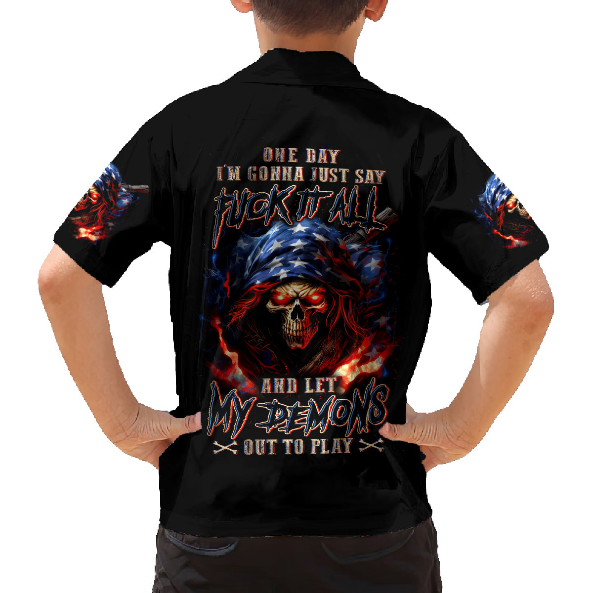 American Skull Family Matching Off Shoulder Long Sleeve Dress and Hawaiian Shirt One Day I Gonna Fuck It All - Wonder Print Shop
